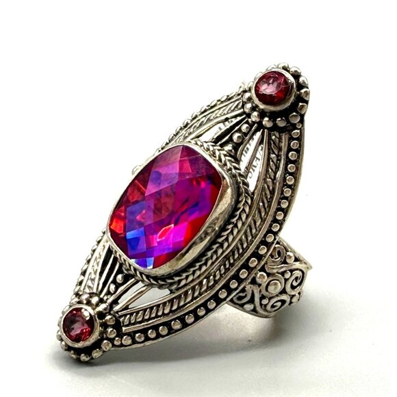 Sarda Artisan Gem Rainbow Red & Mystic Quartz Triplet Sterling Silver Ring Size - Picture 1 of 9